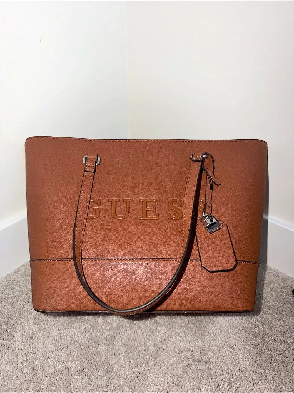 GUESS Saffiano Tote in Brown